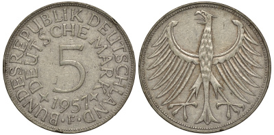 ФРГ 5 марок 1957 F, J. 387, KM 112.1 серебро 603-1241