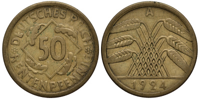 Германия 50 рентенпфеннигов 1924 A KM 34, J. 310 алюминиевая бронза 413-3314