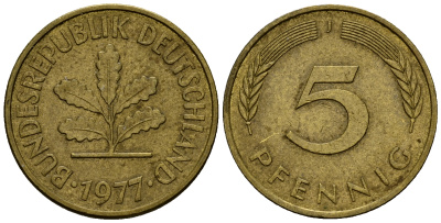 ФРГ 5 пфеннигов 1977 J J.382, KM 107 сталь плакированная латунью    4598-1015