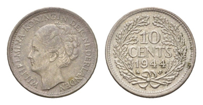 Нидерланды 10 центов 1944 Вильгельмина (1890-1948) KM 163 серебро aUNC 4669-1216