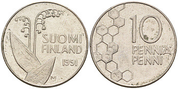 Финляндия 10 пенни 1991  KM 65 медно-никель    4189-116