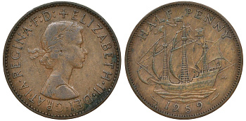 Великобритания 1/2 пенни 1959 Елизавета II (1952-2022) KM 896, Spink 4158 бронза 72-135