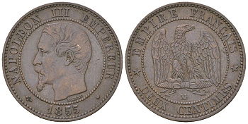 Франция 2 сантима 1855 W, Наполеон III (1852-1870) KM 776.7 бронза 4617-731