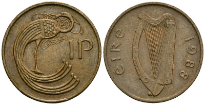 Ирландия 1 пенни 1988 мифологическая птица лира KM 20 бронза 4138-856