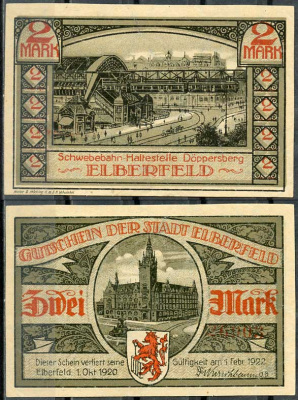 Германия, Эльберфельд 2 марки 1922 нотгельд, городские виды, серая Mehl 324.1 бумага UNC (пресс) 00-00