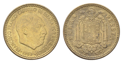 Испания 1 песета 1953 (63) Франциско Франко (1939-1975) KM 775 алюминиевая бронза 4705-1045