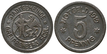 Грайфенберг (Силезия) 5 пфеннигов 1919 Funck 171.4, Men05 9538.4, Men18 11927.4 железо aUNC 4585-138