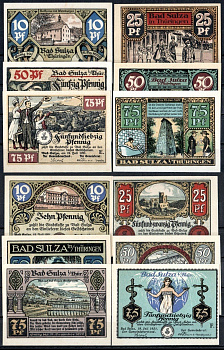 Бад-Зульца (Тюрингия) полный набор из 6 нотгельдов (10, 25, 50 и 75 пфеннигов) 1921 Mehl Grabowski 1304.1a бумага UNC (пресс) 7556-64-1-1