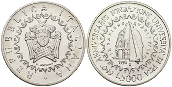 Италия 5000 лир 1993 R, 650 лет Пизанскому университету KM 170 серебро BU 32-144