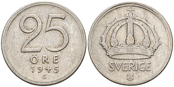 Швеция 25 эре 1945 G, Густав V (1907-1950) KM 816 серебро 4147-963