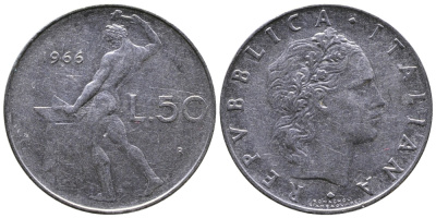 ИТАЛИЯ 50 ЛИР 1966 R, БОГ ОГНЯ ВУЛКАН У НАКОВАЛЬНИ KM 95.1 нержавеющая сталь 3333-213
