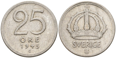 Швеция 25 эре 1945 G, Густав V (1907-1950) KM 816 серебро 4147-963