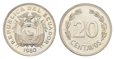 Эквадор 20 сентаво 1980 KM 77.2a сталь плакированная медно-никелем UNC 4697-418