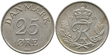 Дания 25 эре 1955 N; S, Фредерик IX (1947-1972) KM 842.1 медно-никель 28-1121
