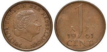 Нидерланды 1 цент 1961 Юлиана (1948-1980) КМ 180 бронза 72-1055