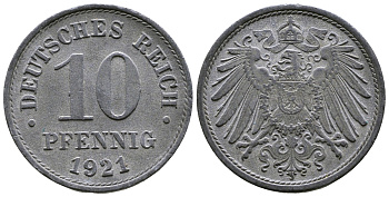 ГЕРМАНИЯ 10 ПФЕННИГОВ 1921 KM 26, J. 299 цинк 4364-635