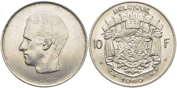 Бельгия 10 франков 1969 Belgique, Бодуэн I (1951-1993) KM 155.1 никель 115-712