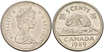 Канада 5 центов 1989 Елизавета II (1952-2022), бобер KM 60.2а медно-никель    4148-1244