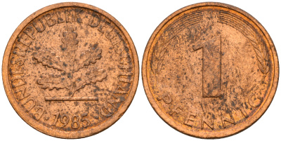 ФРГ 1 пфенниг 1985 J KM 105, J. 380 сталь плакированная медью    4598-636