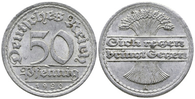 ГЕРМАНИЯ 50 ПФЕННИГОВ 1920 A KM 27, J. 301 алюминий 24-952