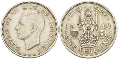 Великобритания 1 шиллинг 1949 Георг VI (1936-1952), Шотландский герб KM 877, Spink 4109 медно-никель 61-1214