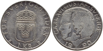 Швеция 1 крона 1990 Карл XVI Густав (1973- ) KM 852a медно-никель 4398-1221