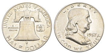 США 1/2 доллара (50 центов) 1957 Бенджамин Франклин, колокол KM 199 серебро  aUNC  4653-113