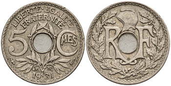 Франция 5 сантимов 1931 тип Линдайё KM 875, Le Franc 122.14 медно-никель 4596-616
