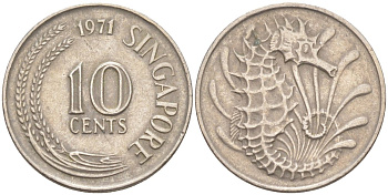Сингапур 10 центов 1971 морской конек KM 3 медно-никель 187-456