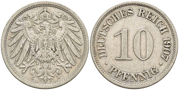 Германия 10 пфеннигов 1907 A KM 12, Jager 13, Weege 8 медно-никель 219-131