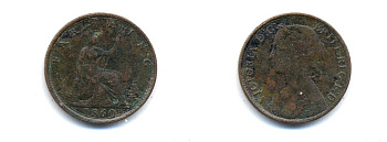 Великобритания 1 фартинг 1860 Виктория (1837-1901), зубчатая кайма KM 747.2, Spink 3858 бронза 4379-718