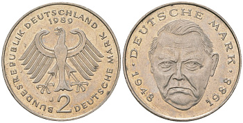 ФРГ 2 марки 1989 J, Людвиг Эрхард, 40 лет Федеративной Республике KM 170 медно-никель 4572-1143