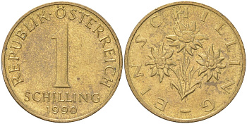 Австрия 1 шиллинг 1990 KM 2886 алюминиевая бронза 4142-1122