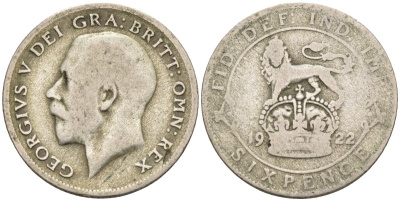 Великобритания 6 пенсов 1922 Георг V (1910-1936) KM 815а.1, Spink 4024 серебро 4585-226