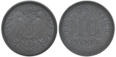 ГЕРМАНИЯ 10 ПФЕННИГОВ 1921 KM 26, J. 299 цинк 45-1228