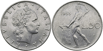 ИТАЛИЯ 50 ЛИР 1963 R, КУЗНЕЦ KM 95.1 нержавеющая сталь 98-156