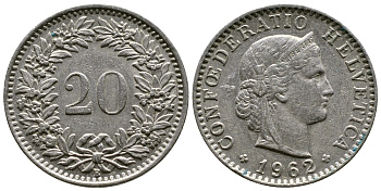 Швейцария 20 раппенов 1962 В KM 29а медно-никель 4364-2121