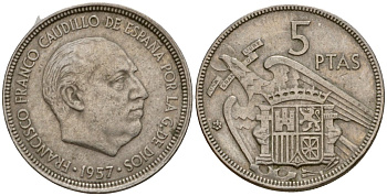 Испания 5 песет 1957 (63) Франсиско Франко (1939-1975) KM 786 медно-никель 186-634