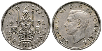 Великобритания 1 шиллинг 1950 Георг VI (1936-1952), Шотландский герб KM 877, Spink 4109 медно-никель 86-846