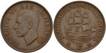 ЮАР 1 пенни 1940 Георг VI (1937-1952) KM 25 бронза 38-914