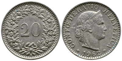 Швейцария 20 раппенов 1962 В KM 29а медно-никель 4364-2121
