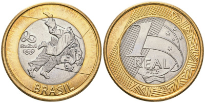 Бразилия 1 реал 2015 XXXI летние Олимпийские Игры, Рио-де-Жанейро 2016 - Дзюдо KM 711 биметалл UNC 4140-215