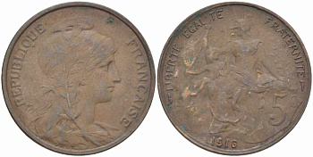 ФРАНЦИЯ 5 САНТИМОВ 1916 ТИП ДАНИЭЛЬ ДЮПЮИ KM 842, LE FRANC 119.28 бронза 108-1012