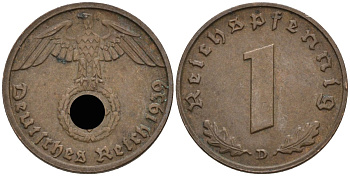 Германия 1 рейхспфенниг 1939 D KM 89, J 361 бронза 4136-1144