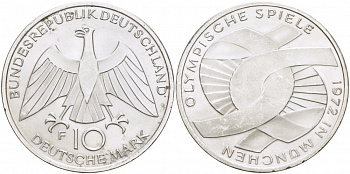 ФРГ 10 марок 1972 F, XX летние Олимпийские игры 1972 года в Мюнхене, символика KM 131, J.402 серебро UNC 4127-113
