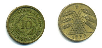 ГЕРМАНИЯ 10 РЕЙХСПФЕННИГОВ 1929 D, KM 40, J. 317 алюминиевая бронза 46-1432