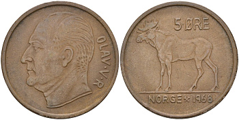 Норвегия 5 эре 1968 лось, Улаф V (1958-1991) KM 405 бронза 4183--1233