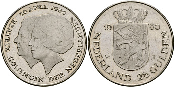Нидерланды 2 1/2 гульдена 1980 коронация Беатрикс, 30 апреля 1980 KM 201 никель 4162-742