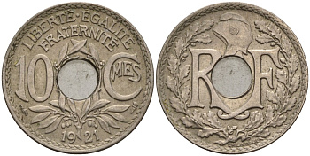 Франция 10 сантимов 1921 тип Линдайё KM 866a, Le Franc 138.3 медно-никель 4143-913