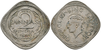 Британская Индия 2 анна 1946 Георг VI (1936-1952) KM 542 медно-никель 3334-244